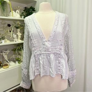 Free People Boogie All Night Blouse Mint Embroidered with Mesh Sleeves